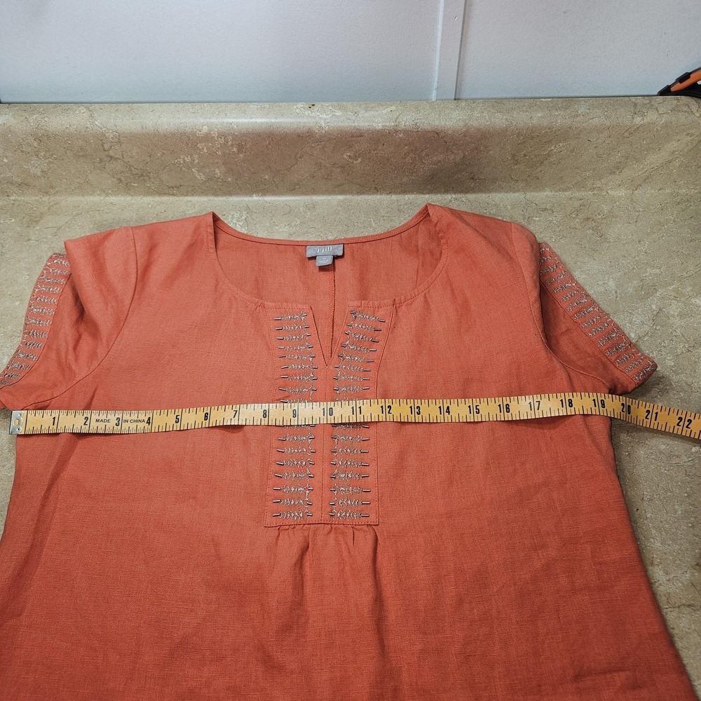 J Jill Dress Women 10 Orange Linen Embroidered Tunic Short Sleeve Boho Shift - Picture 6 of 11